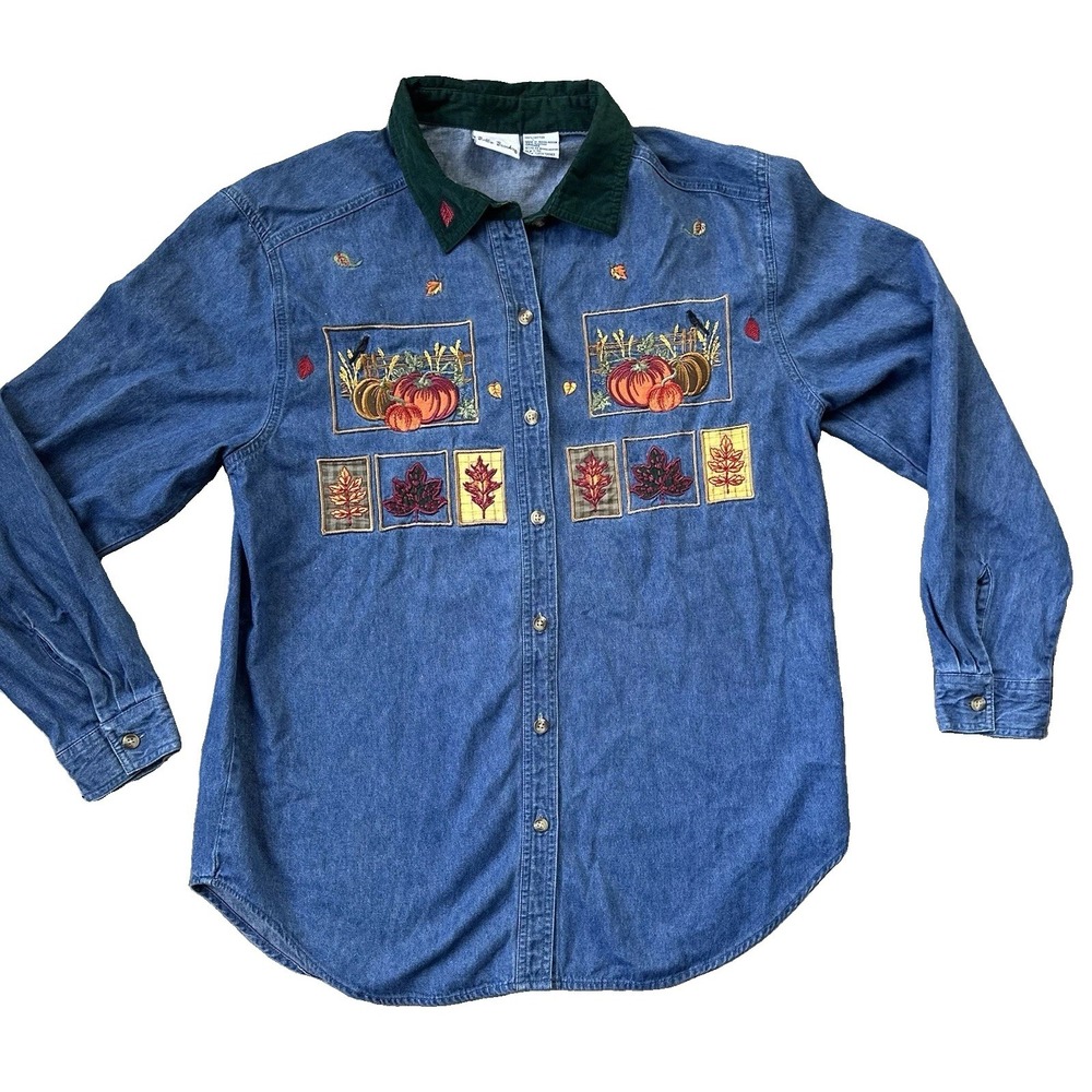 Vintage Bobbie Brooks Denim 
 L Pumpkin Fall Embroidered Thanksgiving 90s 0308